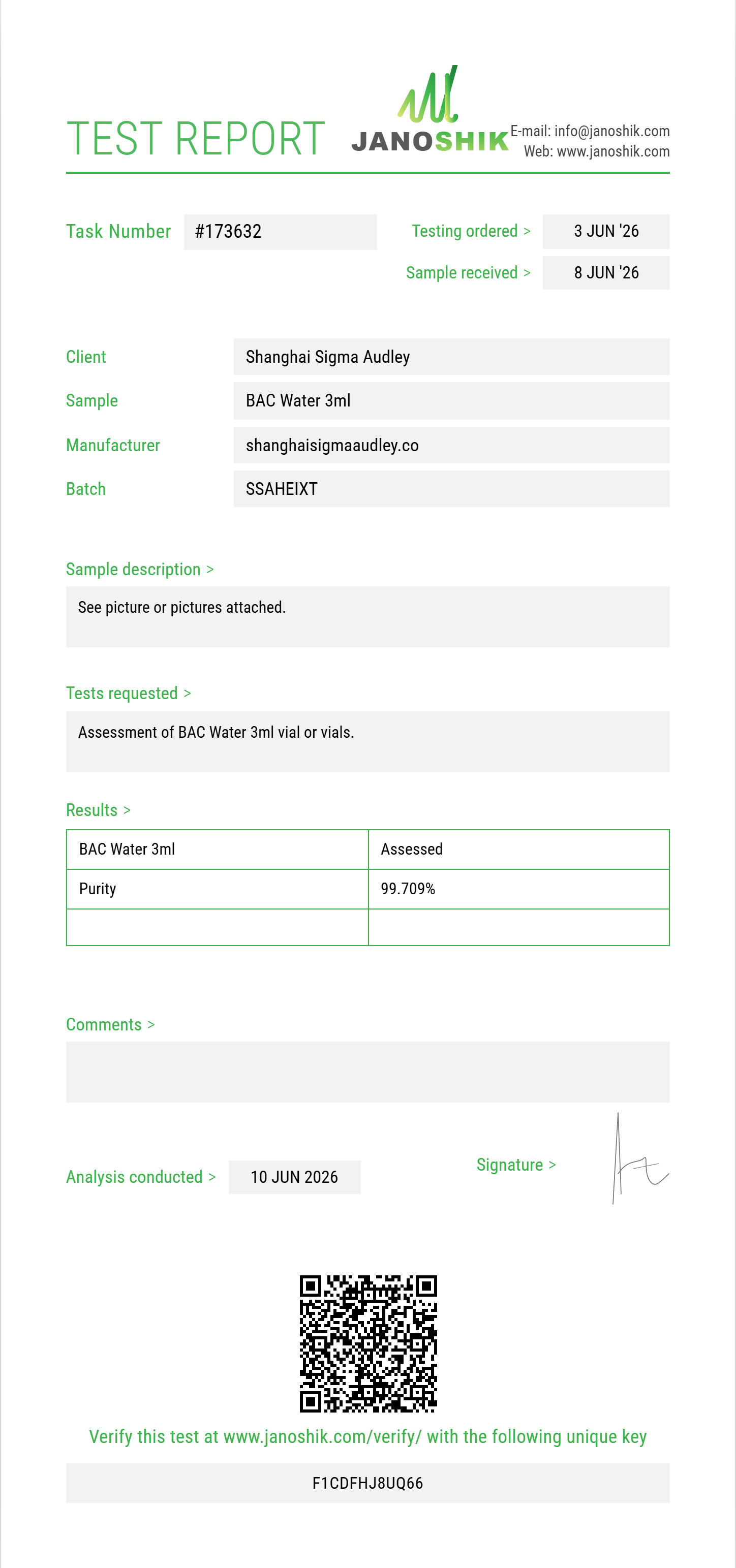 BAC Water Purity (HPLC) report by Janoshik Analytical