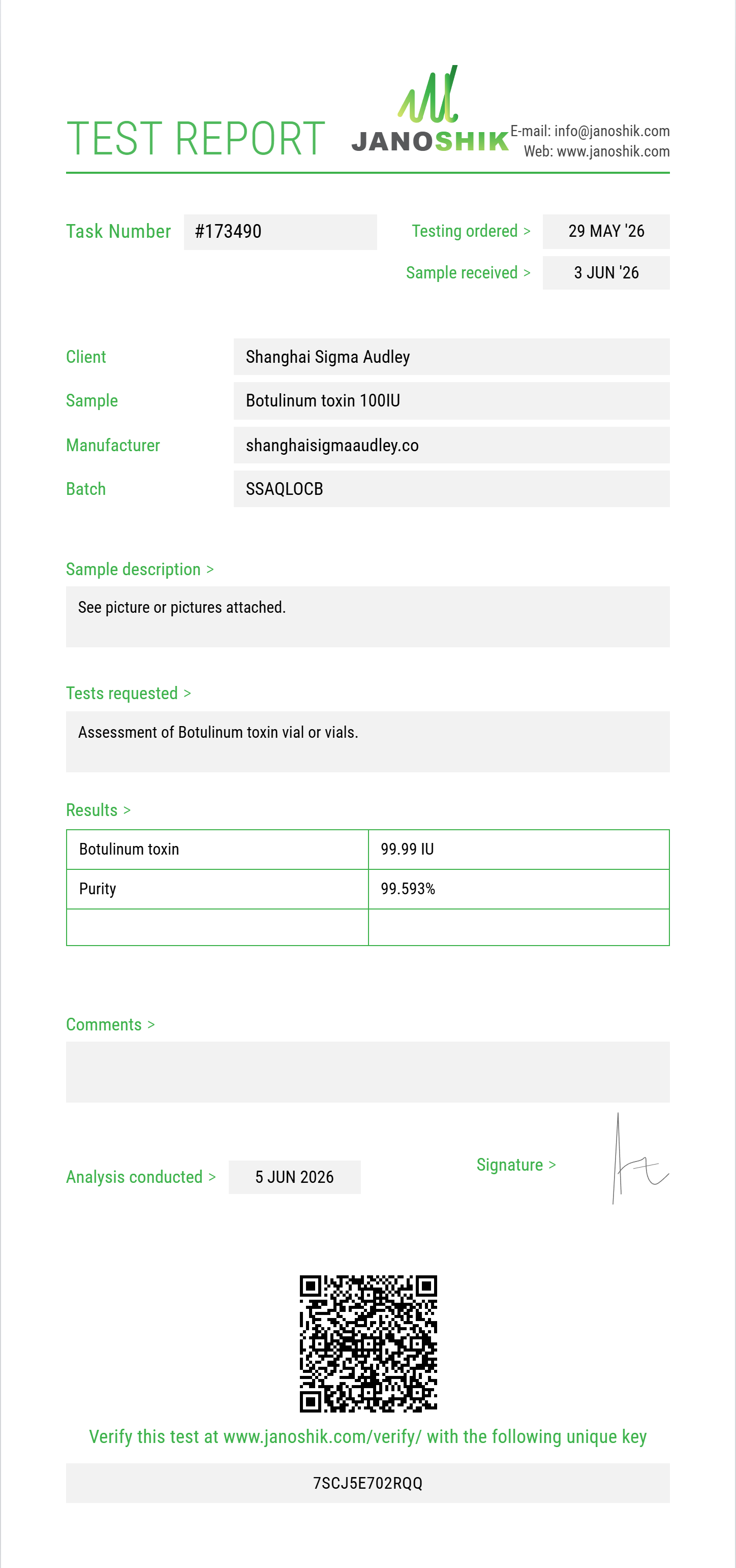 Botulinum toxin Purity (HPLC) report by Janoshik Analytical