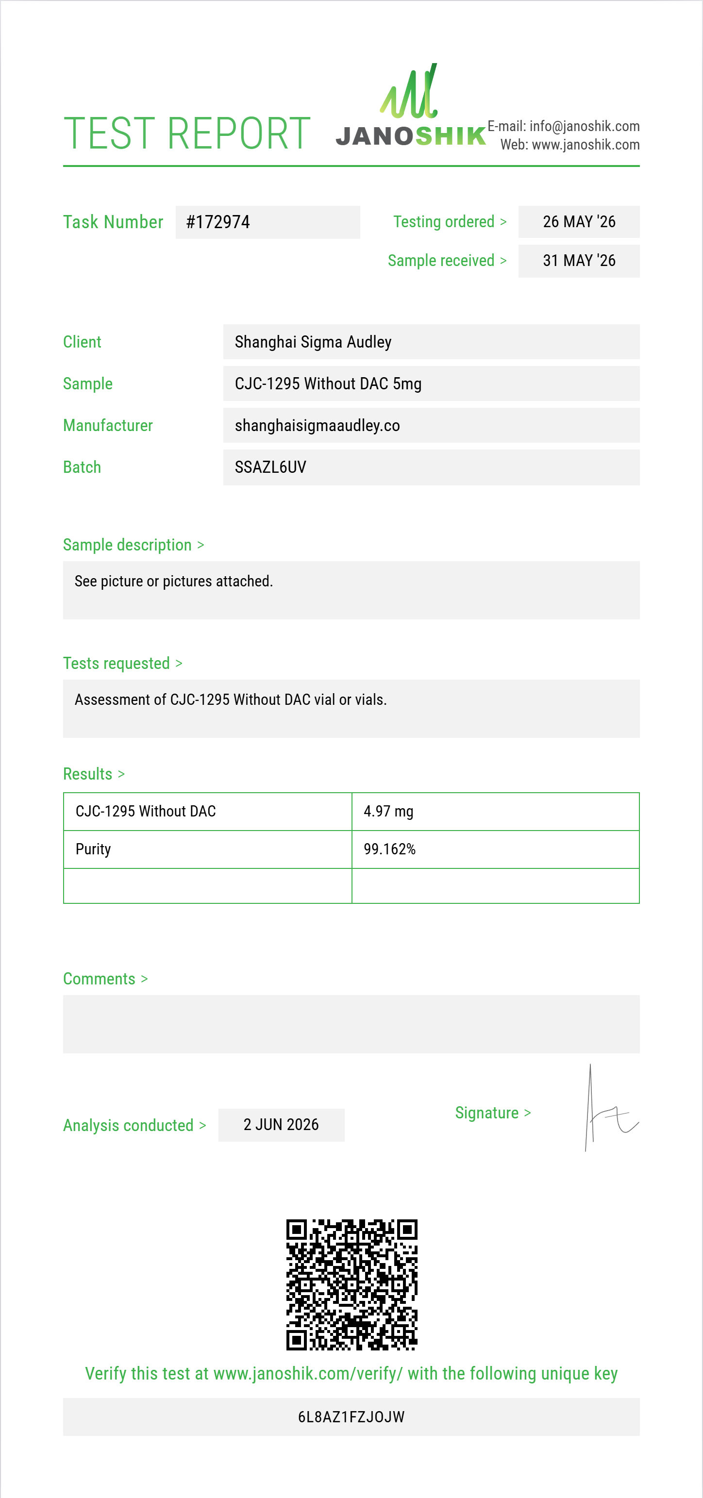 CJC-1295 Without DAC Purity (HPLC) report by Janoshik Analytical