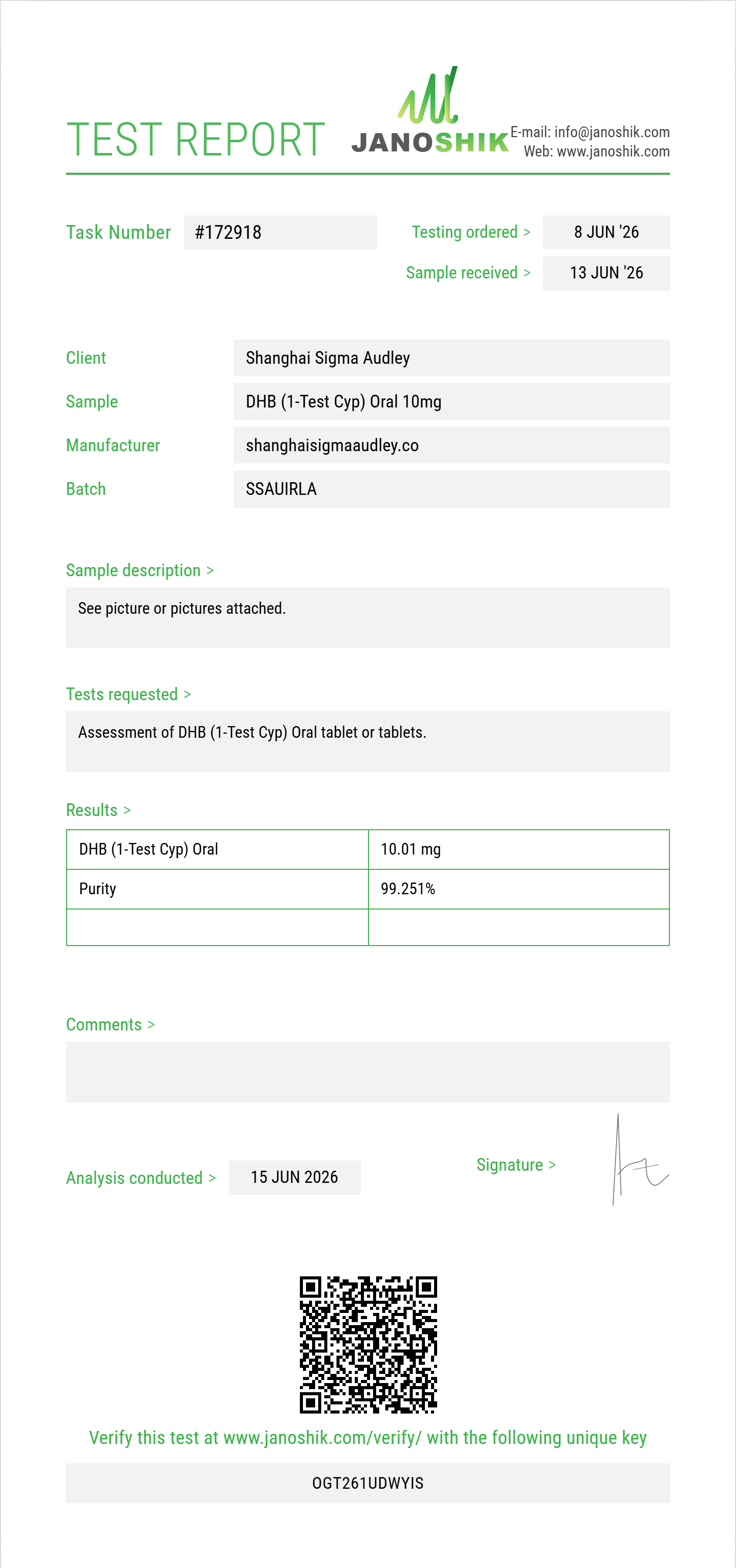 DHB (1-Test Cyp) Oral Purity (HPLC) report by Janoshik Analytical