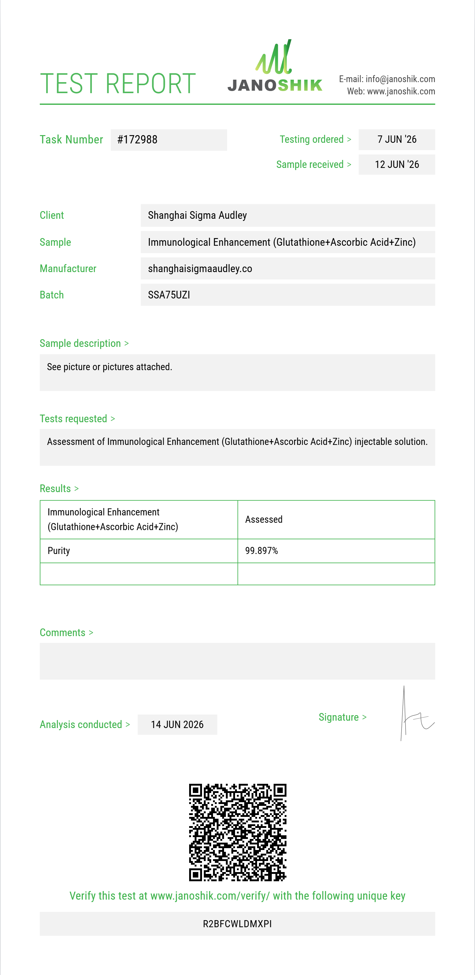 Immunological Enhancement (Glutathione 200mg+Ascorbic Acid 200mg+Zinc Sulfate 2.5mg) Purity (HPLC) report by Janoshik Analytical