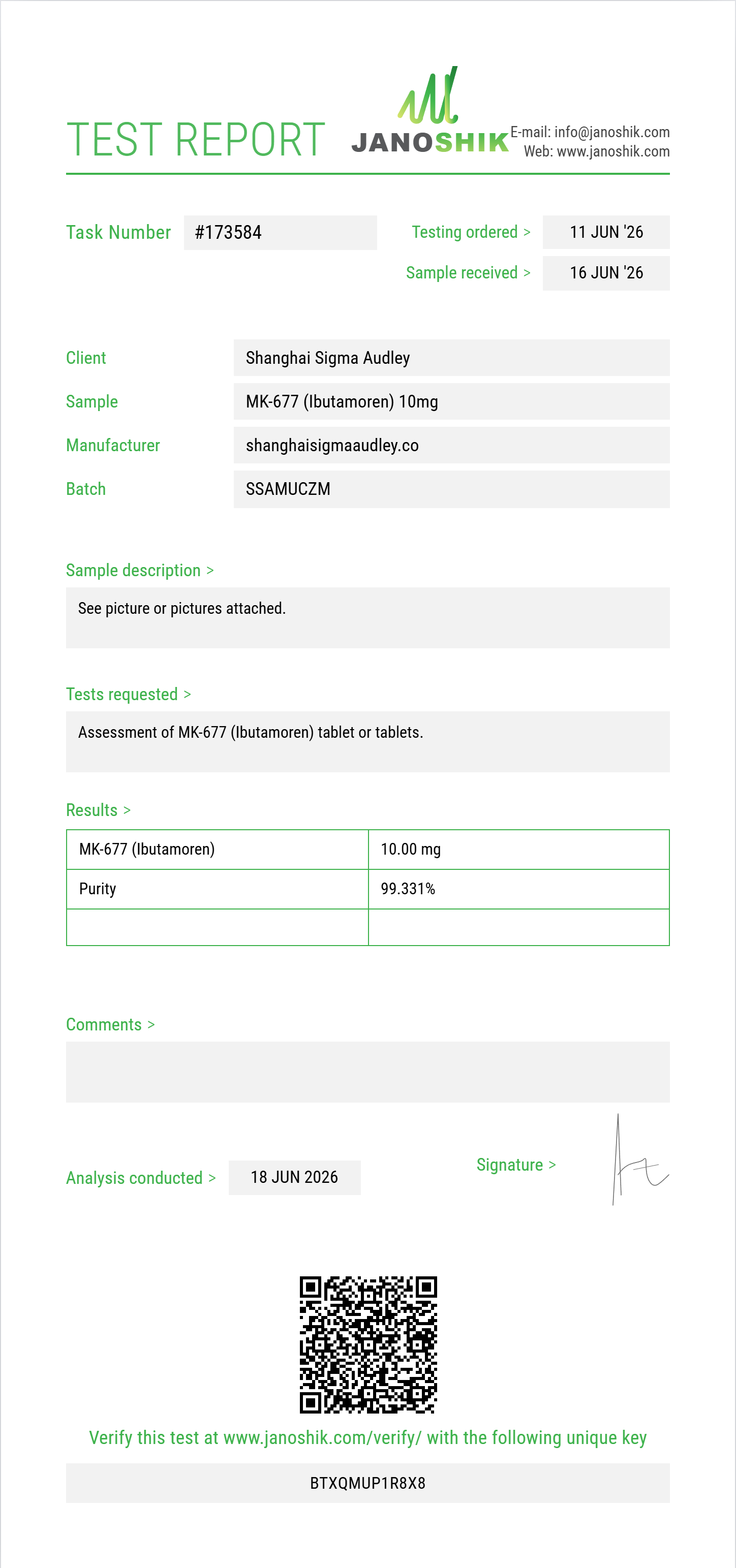 MK-677 (Ibutamoren) Purity (HPLC) report by Janoshik Analytical