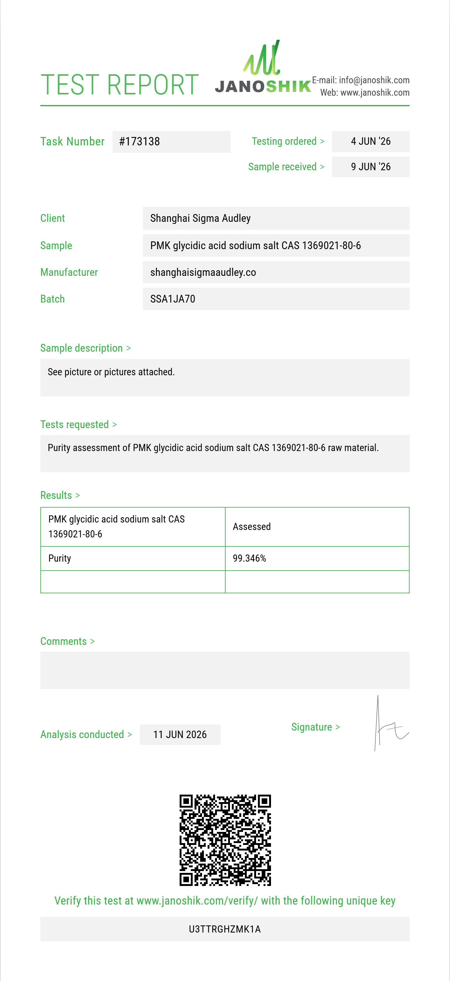 PMK glycidic acid (3,4-MDP-2-P methyl glycidic acid / sodium salt) CAS 1369021-80-6 Purity (HPLC) report by Janoshik Analytical
