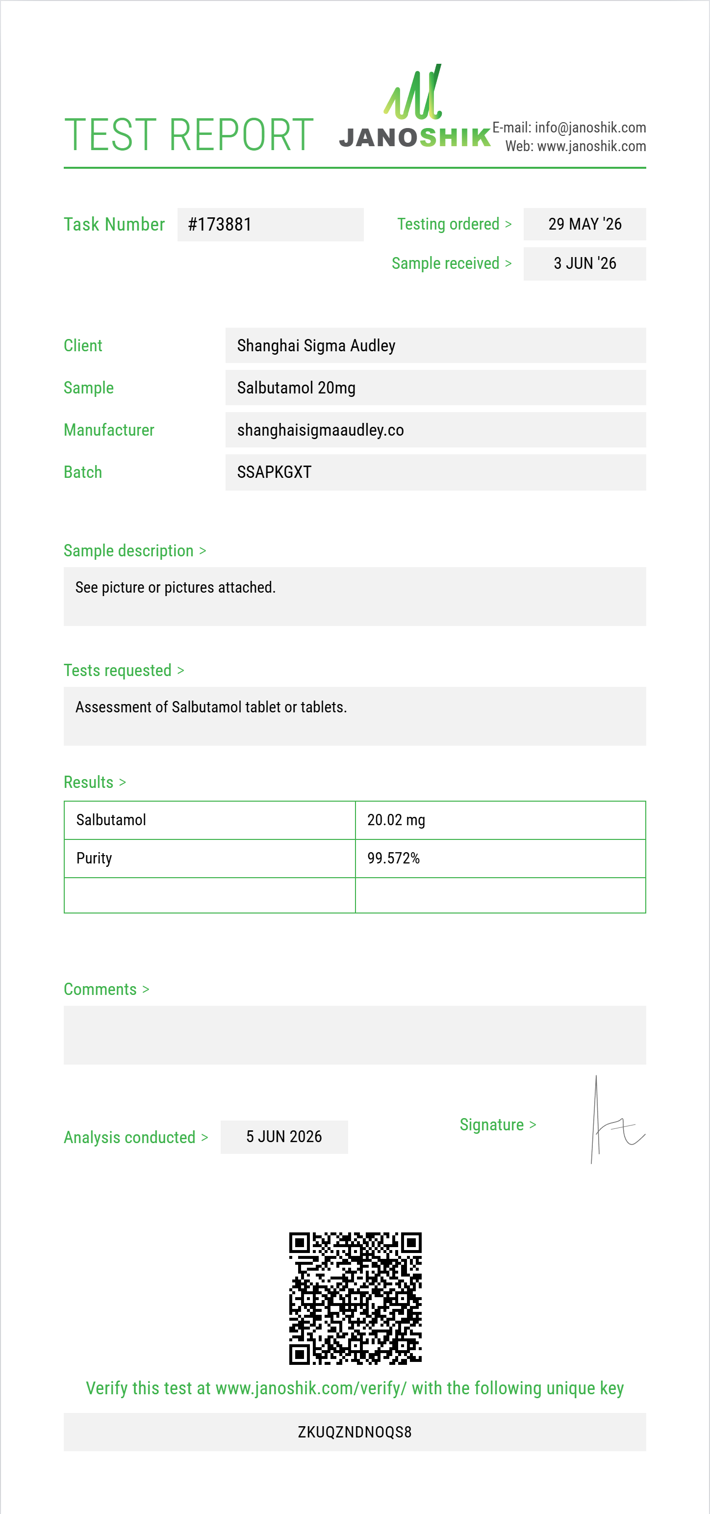 Salbutamol Purity (HPLC) report by Janoshik Analytical