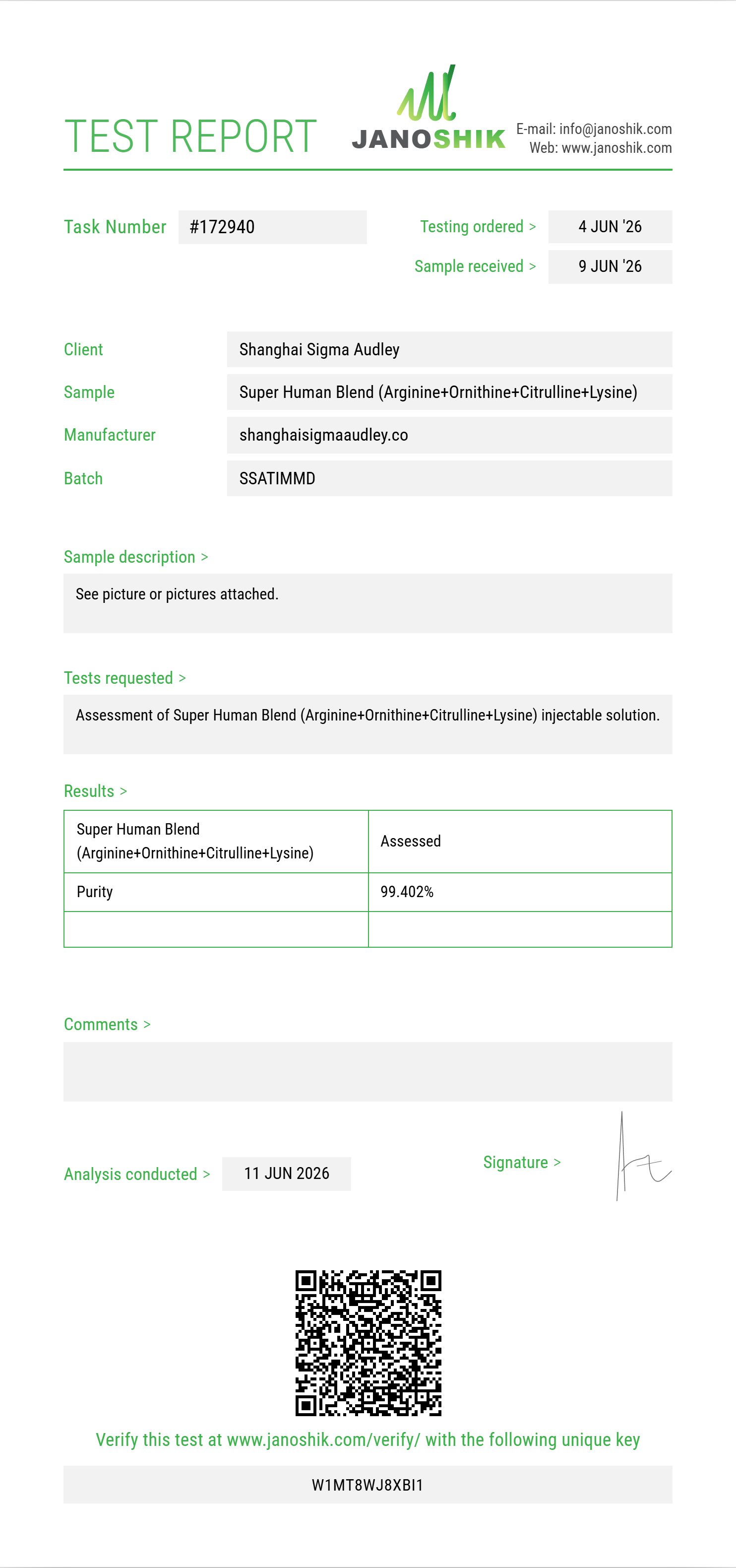 Super Human Blend (Arginine+Ornithine+Citrulline+Lysine+Glutamine+Proline+Taurine+Carnitine+NAC) Purity (HPLC) report by Janoshik Analytical