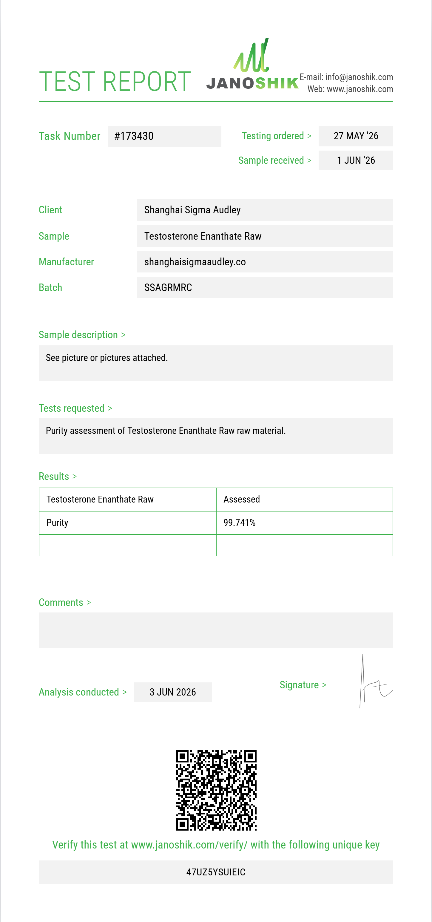 Testosterone Enanthate Raw Purity (HPLC) report by Janoshik Analytical