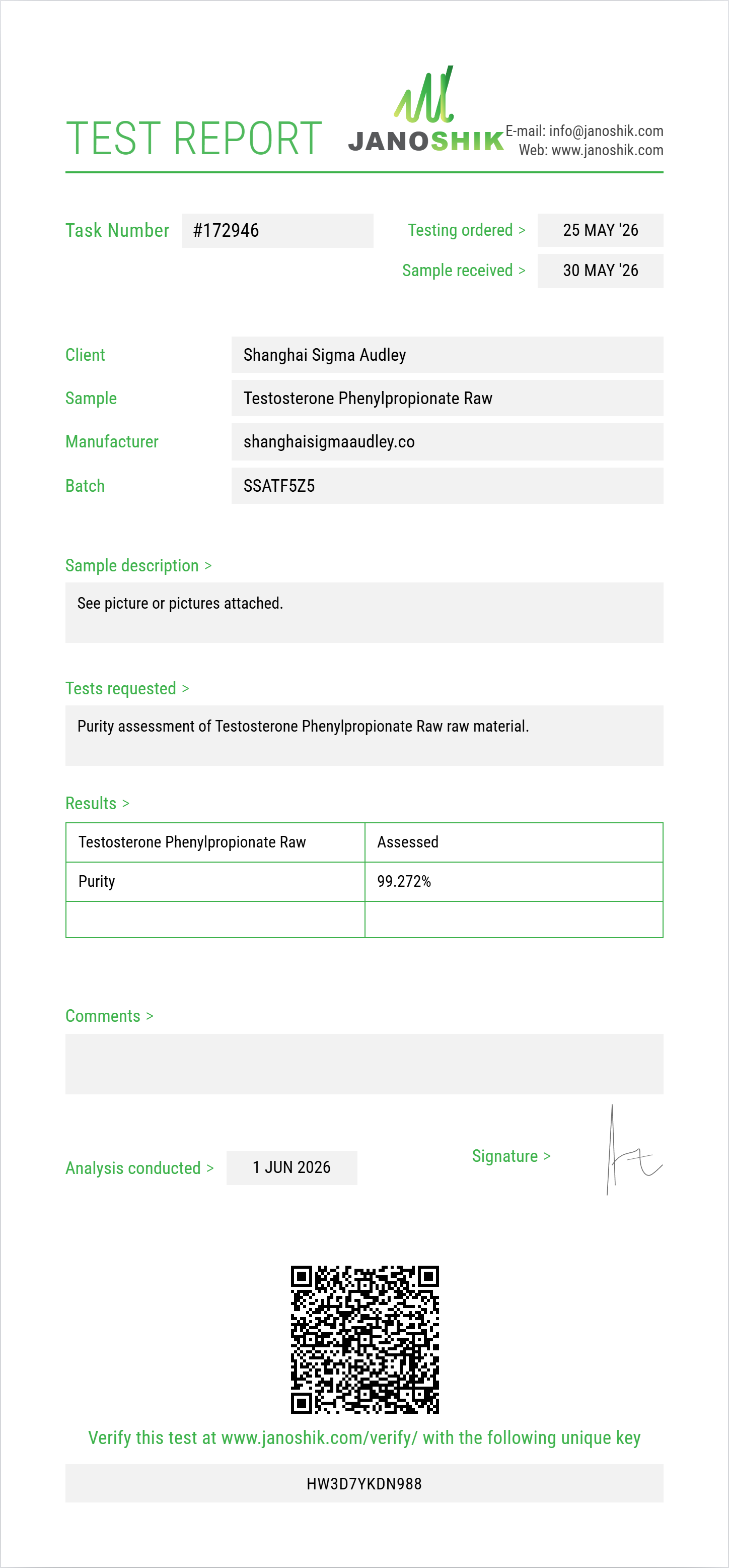 Testosterone Phenylpropionate Raw Purity (HPLC) report by Janoshik Analytical
