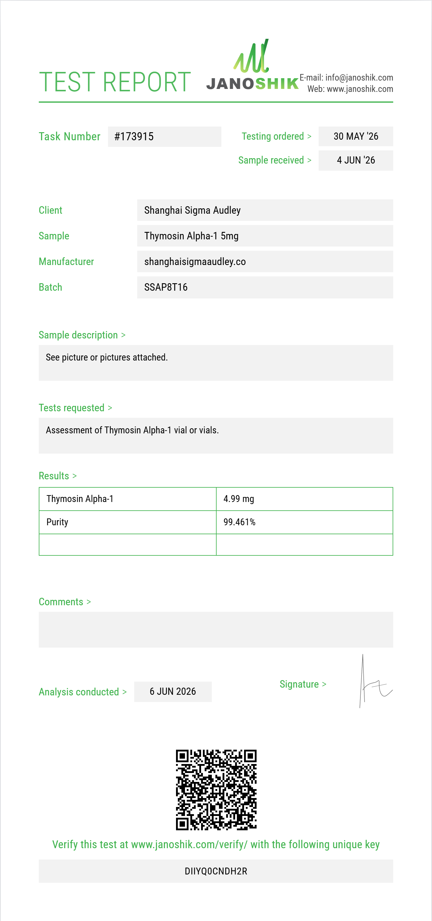 Thymosin Alpha-1 Purity (HPLC) report by Janoshik Analytical