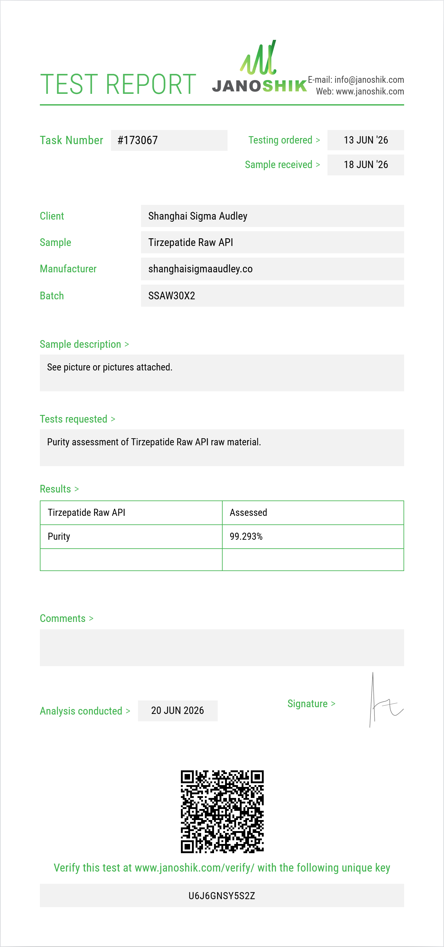 Tirzepatide Raw Purity (HPLC) report by Janoshik Analytical