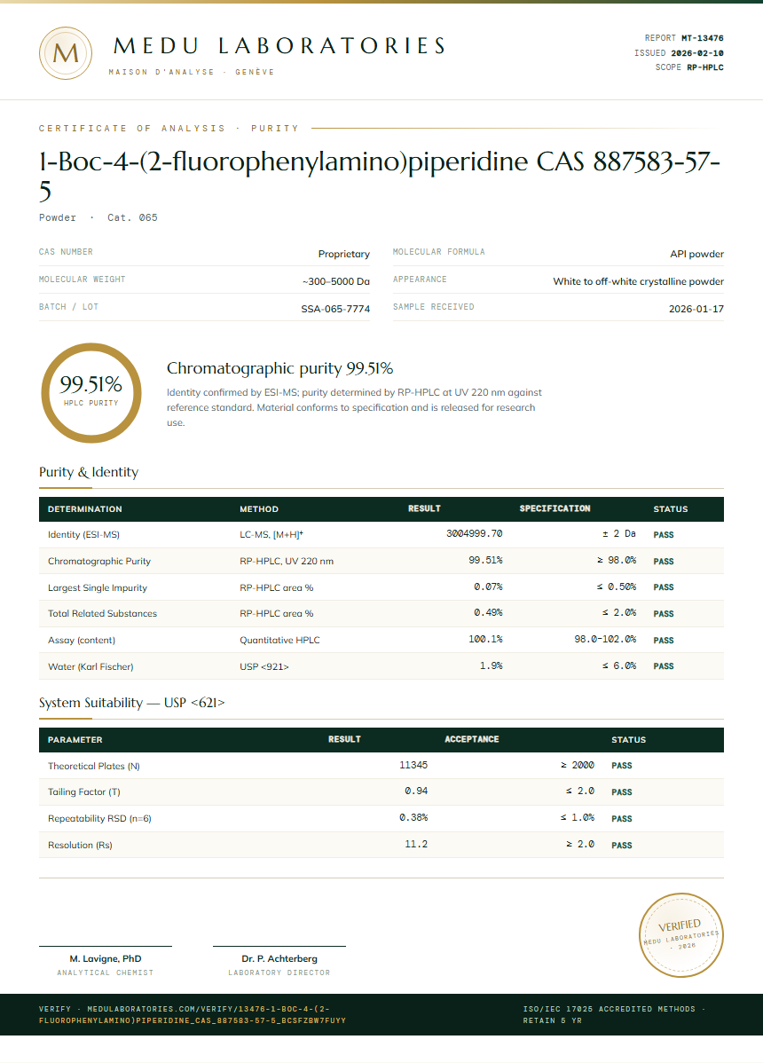 1-Boc-4-(2-fluorophenylamino)piperidine CAS 887583-57-5 Purity (HPLC) report by Medu Laboratories
