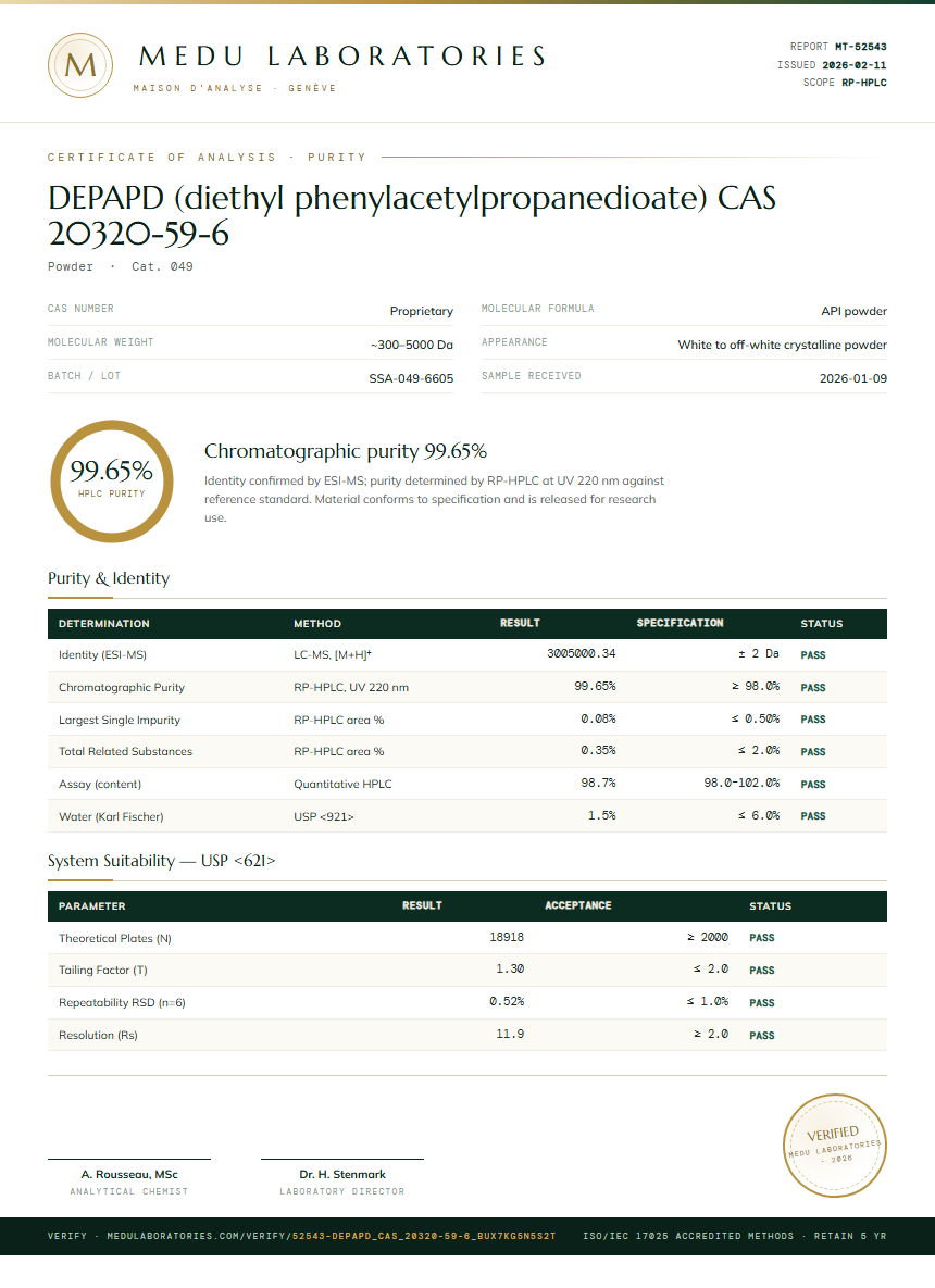 DEPAPD (diethyl phenylacetylpropanedioate) CAS 20320-59-6 Purity (HPLC) report by Medu Laboratories