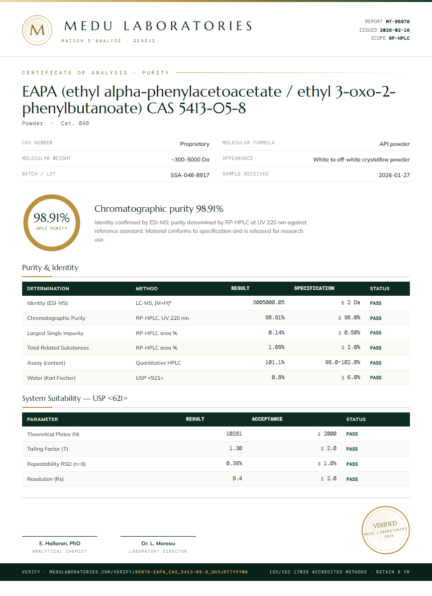 EAPA (ethyl alpha-phenylacetoacetate / ethyl 3-oxo-2-phenylbutanoate) CAS 5413-05-8 Purity (HPLC) report by Medu Laboratories