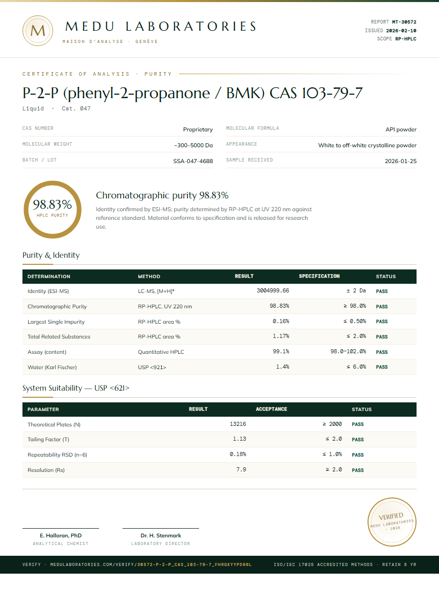 P-2-P (phenyl-2-propanone / BMK) CAS 103-79-7 Purity (HPLC) report by Medu Laboratories