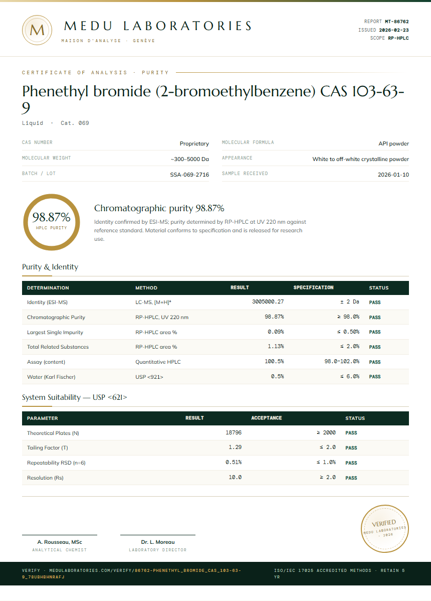 Phenethyl bromide (2-bromoethylbenzene) CAS 103-63-9 Purity (HPLC) report by Medu Laboratories