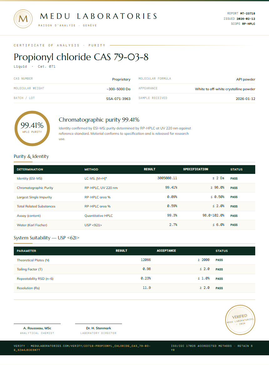 Propionyl chloride CAS 79-03-8 Purity (HPLC) report by Medu Laboratories