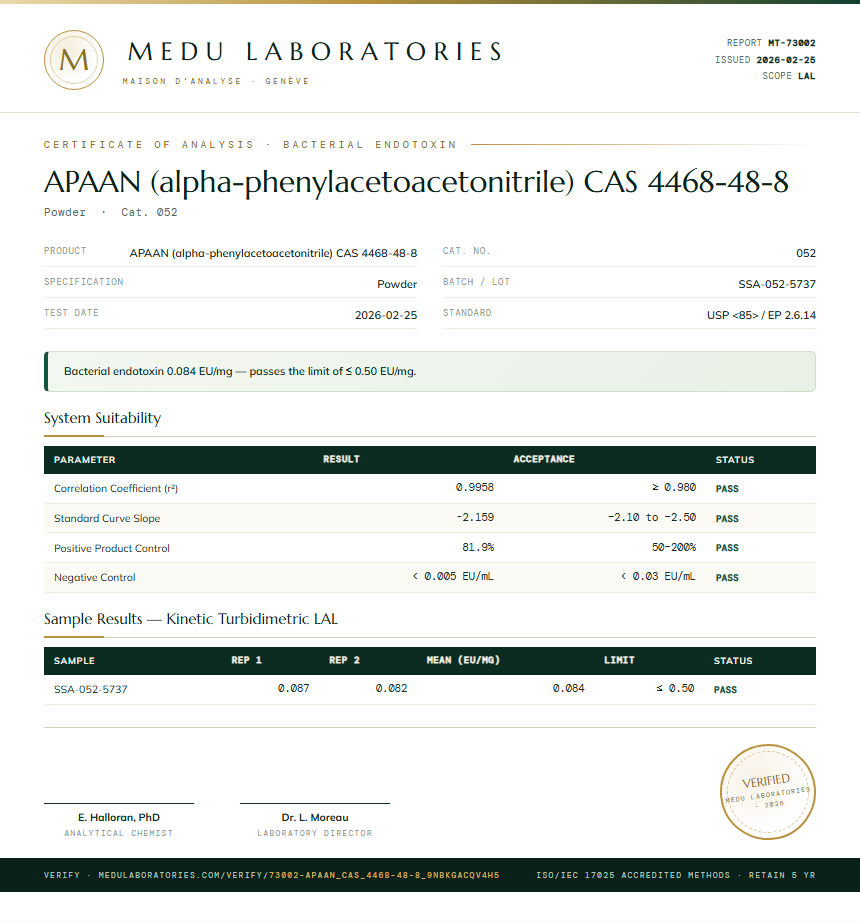 APAAN (alpha-phenylacetoacetonitrile) CAS 4468-48-8 Endotoxin report by Medu Laboratories