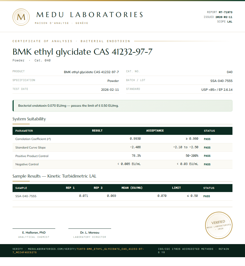 BMK ethyl glycidate CAS 41232-97-7 Endotoxin report by Medu Laboratories