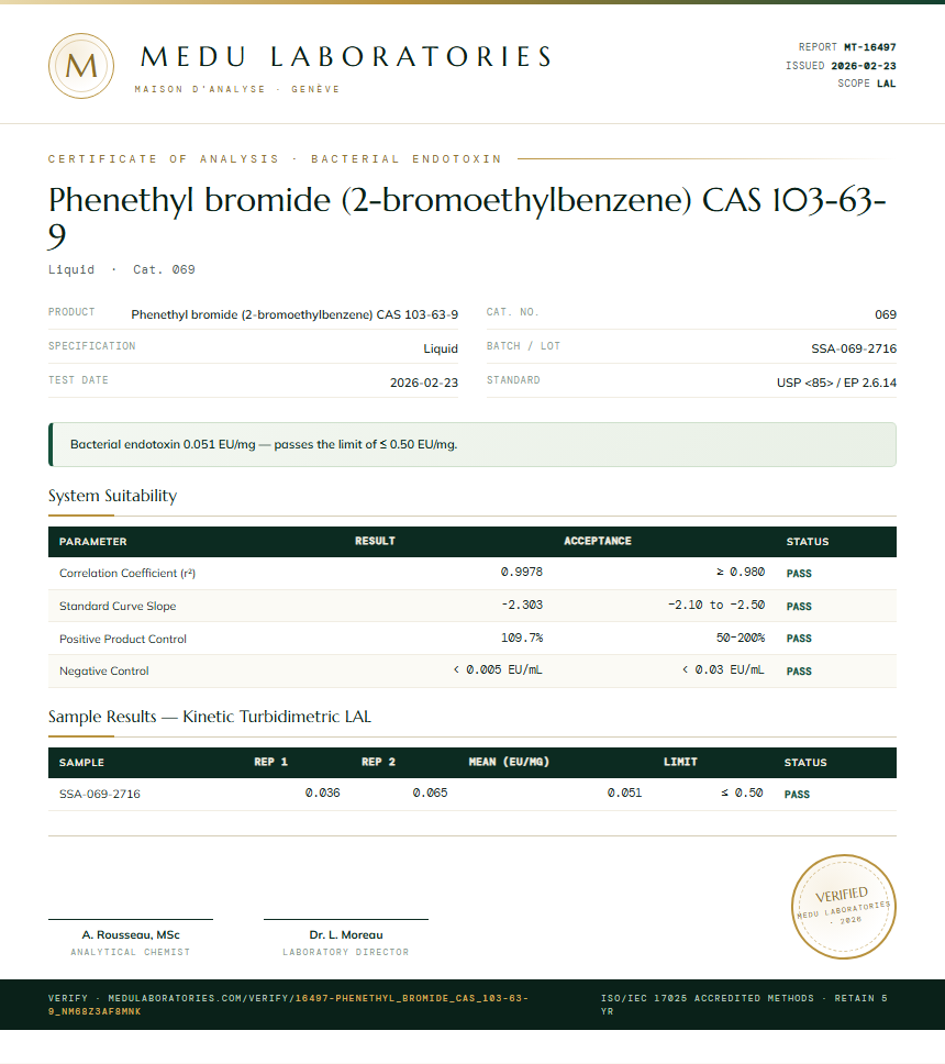 Phenethyl bromide (2-bromoethylbenzene) CAS 103-63-9 Endotoxin report by Medu Laboratories