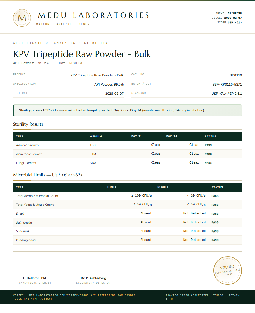 KPV Tripeptide Raw Powder - Bulk Sterility report by Medu Laboratories