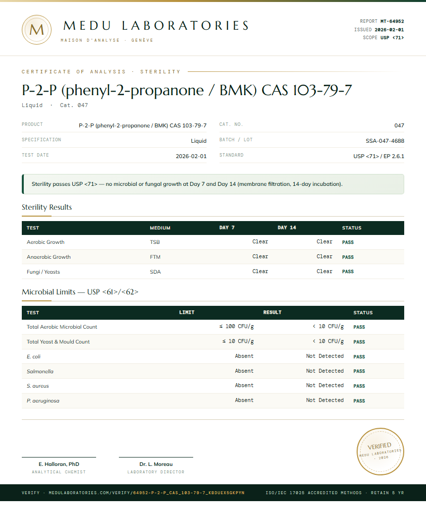 P-2-P (phenyl-2-propanone / BMK) CAS 103-79-7 Sterility report by Medu Laboratories