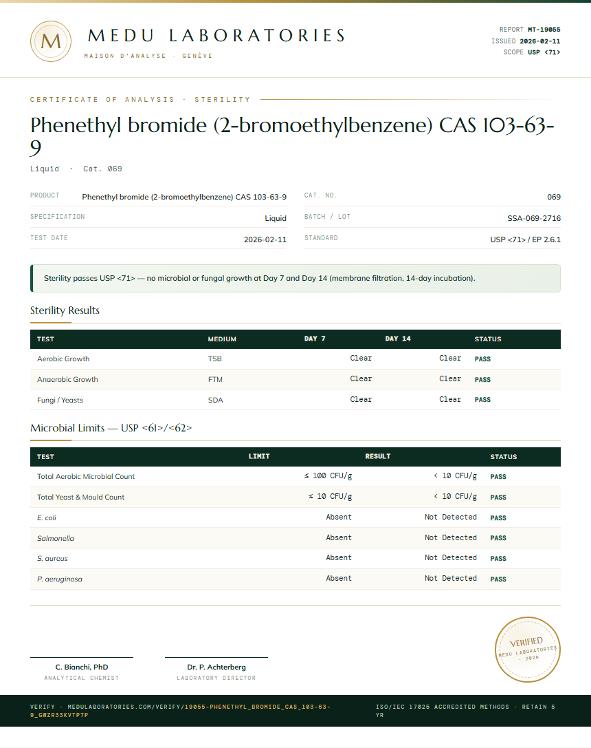 Phenethyl bromide (2-bromoethylbenzene) CAS 103-63-9 Sterility report by Medu Laboratories