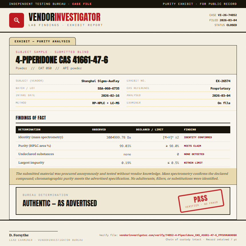 4-Piperidone CAS 41661-47-6 Purity (HPLC) report by VendorInvestigator