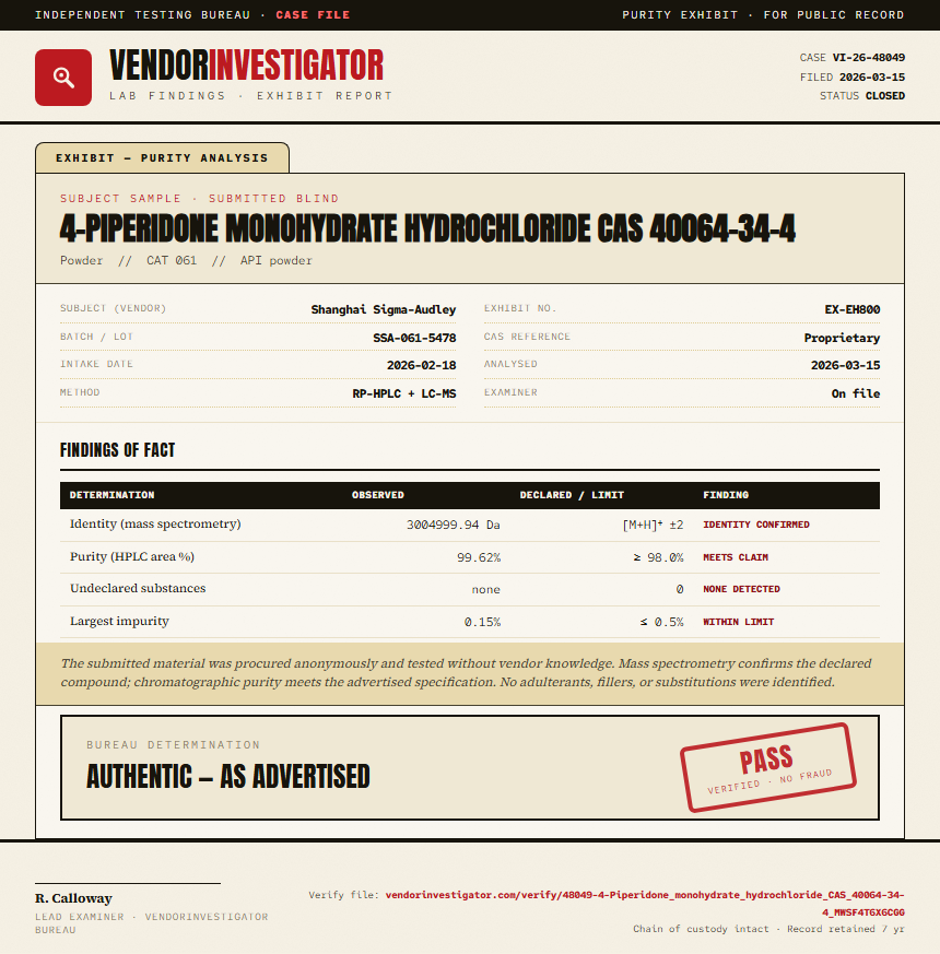 4-Piperidone monohydrate hydrochloride CAS 40064-34-4 Purity (HPLC) report by VendorInvestigator