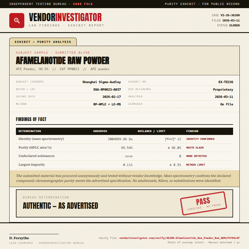 Afamelanotide Raw Powder Purity (HPLC) report by VendorInvestigator