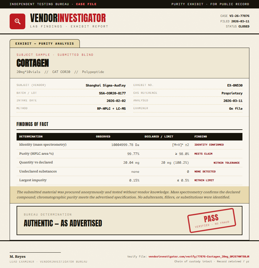 Cortagen Purity (HPLC) report by VendorInvestigator