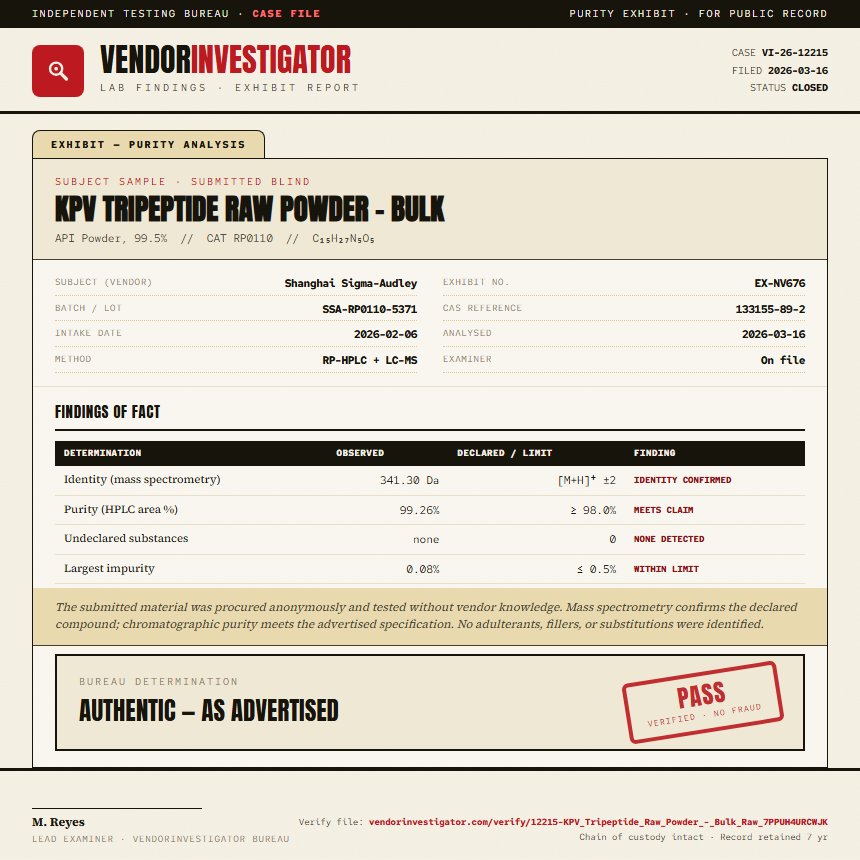 KPV Tripeptide Raw Powder - Bulk Purity (HPLC) report by VendorInvestigator
