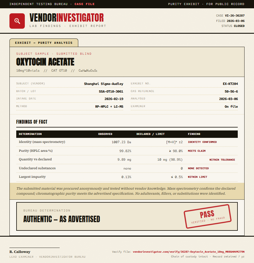 Oxytocin Acetate Purity (HPLC) report by VendorInvestigator