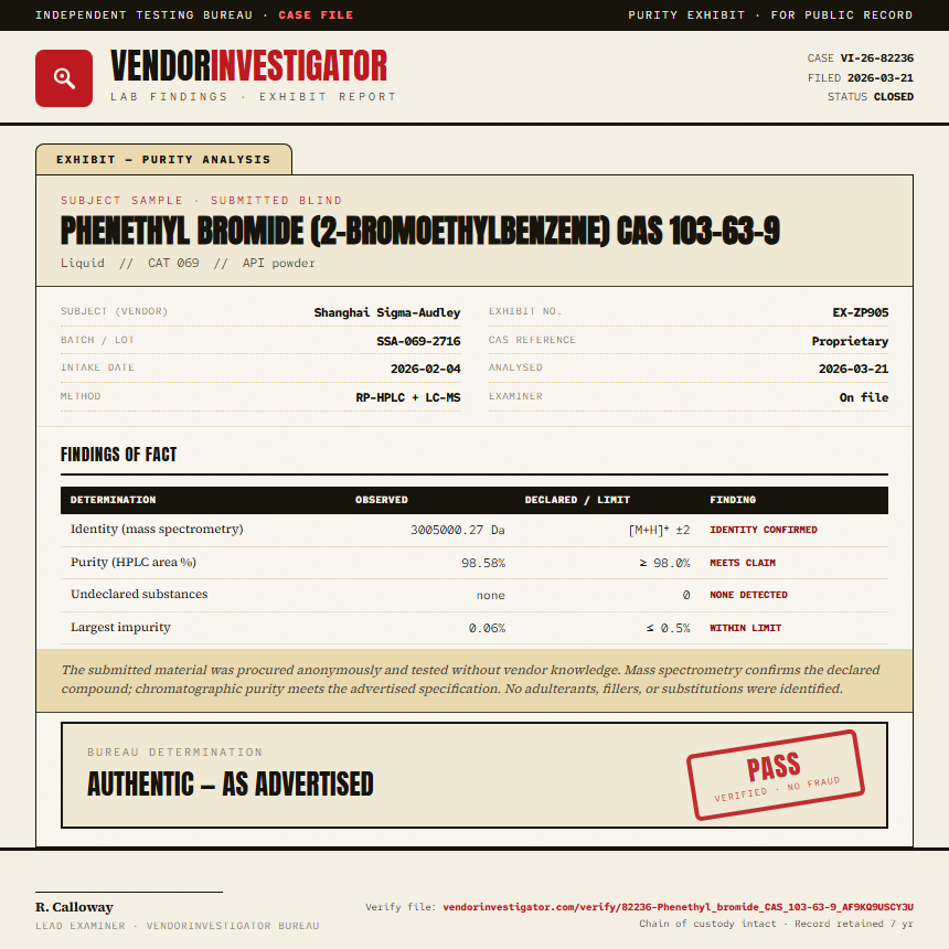 Phenethyl bromide (2-bromoethylbenzene) CAS 103-63-9 Purity (HPLC) report by VendorInvestigator