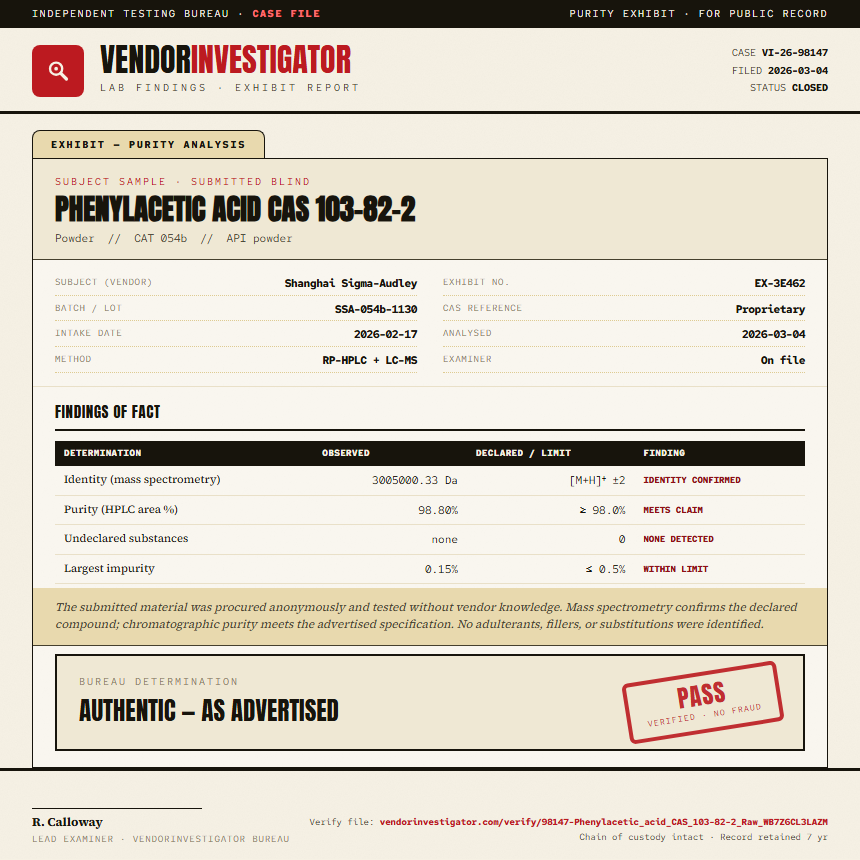 Phenylacetic acid CAS 103-82-2 Purity (HPLC) report by VendorInvestigator