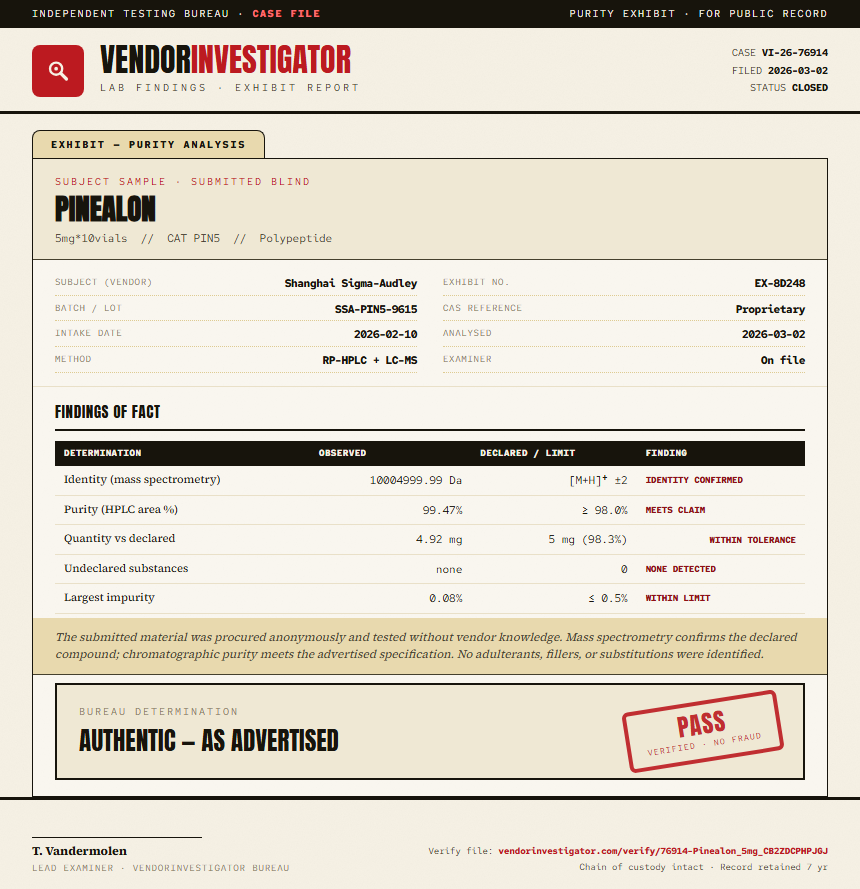Pinealon Purity (HPLC) report by VendorInvestigator