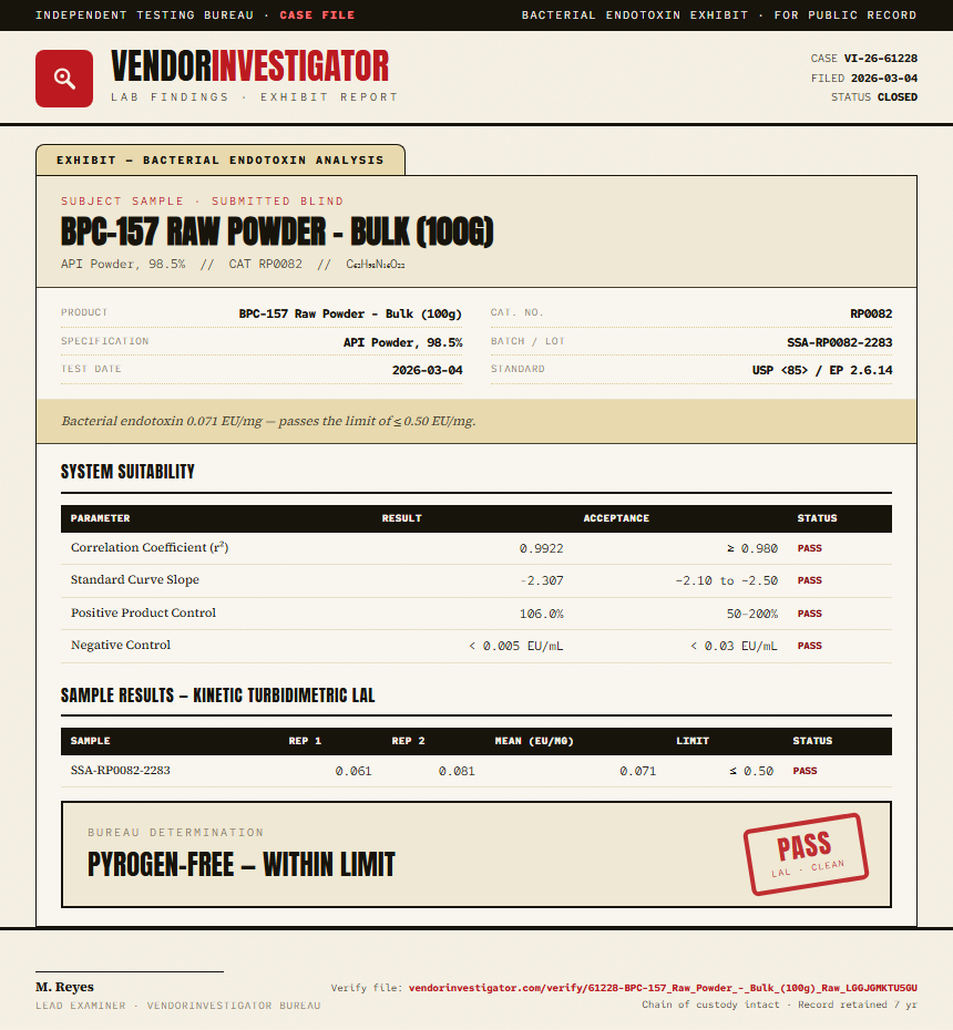 BPC-157 Raw Powder - Bulk (100g) Endotoxin report by VendorInvestigator