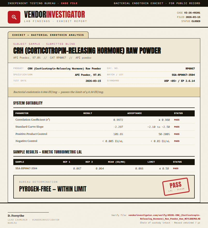 CRH (Corticotropin-Releasing Hormone) Raw Powder Endotoxin report by VendorInvestigator