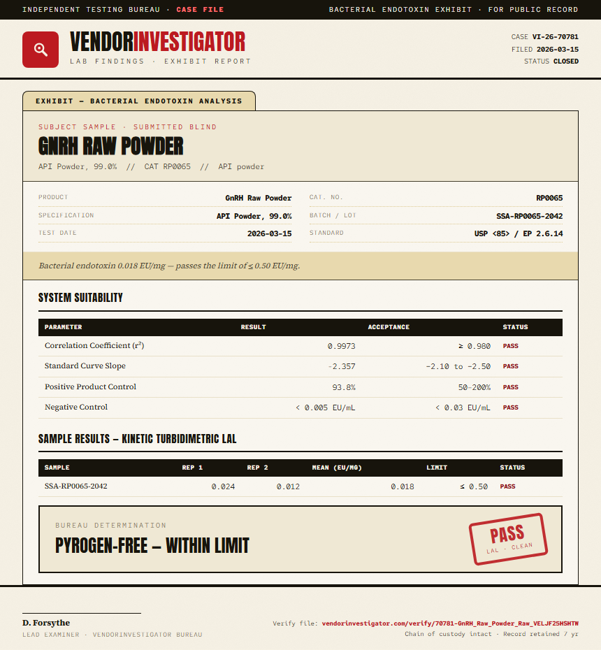 GnRH Raw Powder Endotoxin report by VendorInvestigator
