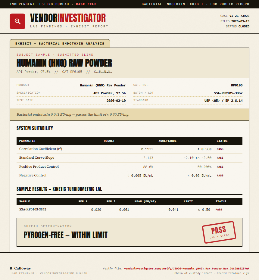 Humanin (HNG) Raw Powder Endotoxin report by VendorInvestigator