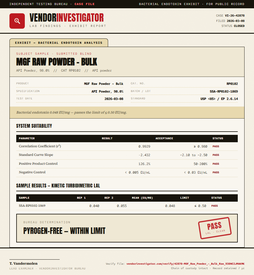 MGF Raw Powder - Bulk Endotoxin report by VendorInvestigator