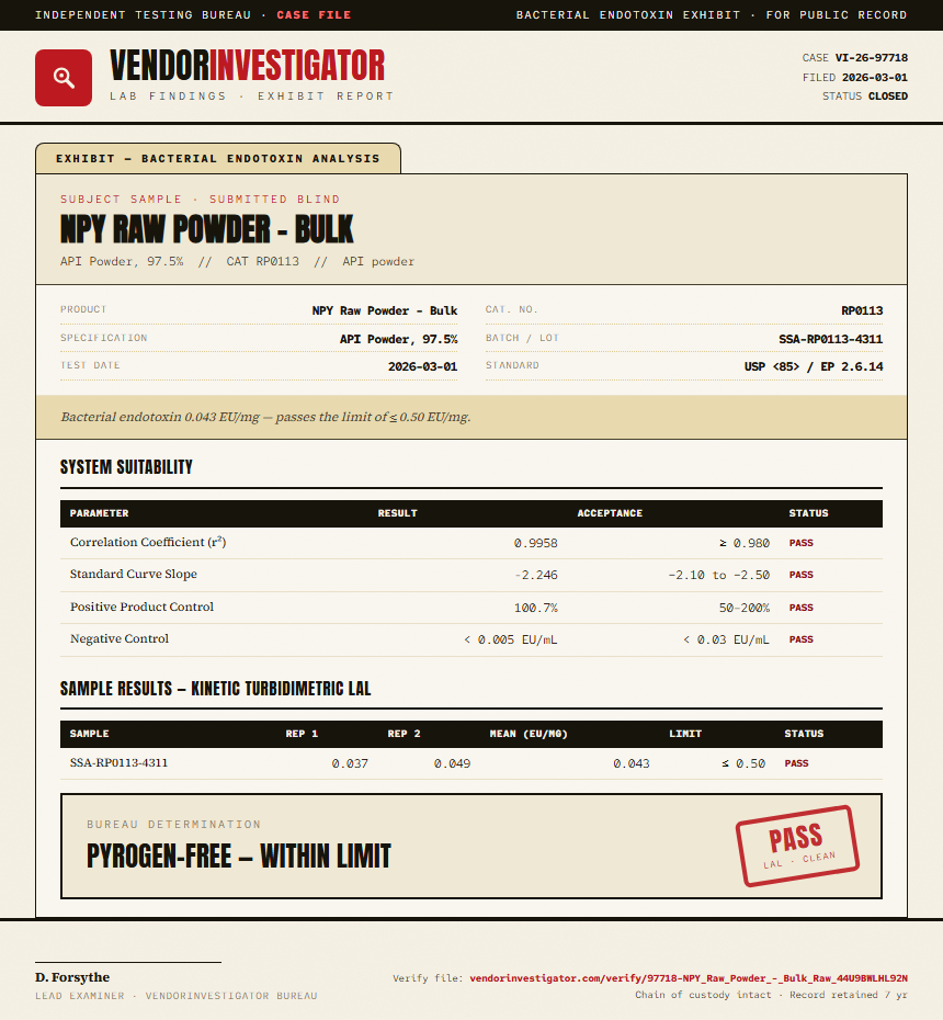 NPY Raw Powder - Bulk Endotoxin report by VendorInvestigator