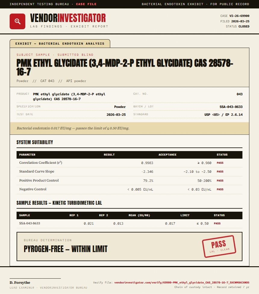 PMK ethyl glycidate (3,4-MDP-2-P ethyl glycidate) CAS 28578-16-7 Endotoxin report by VendorInvestigator