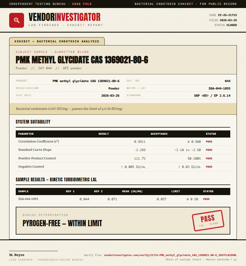 PMK methyl glycidate CAS 1369021-80-6 Endotoxin report by VendorInvestigator