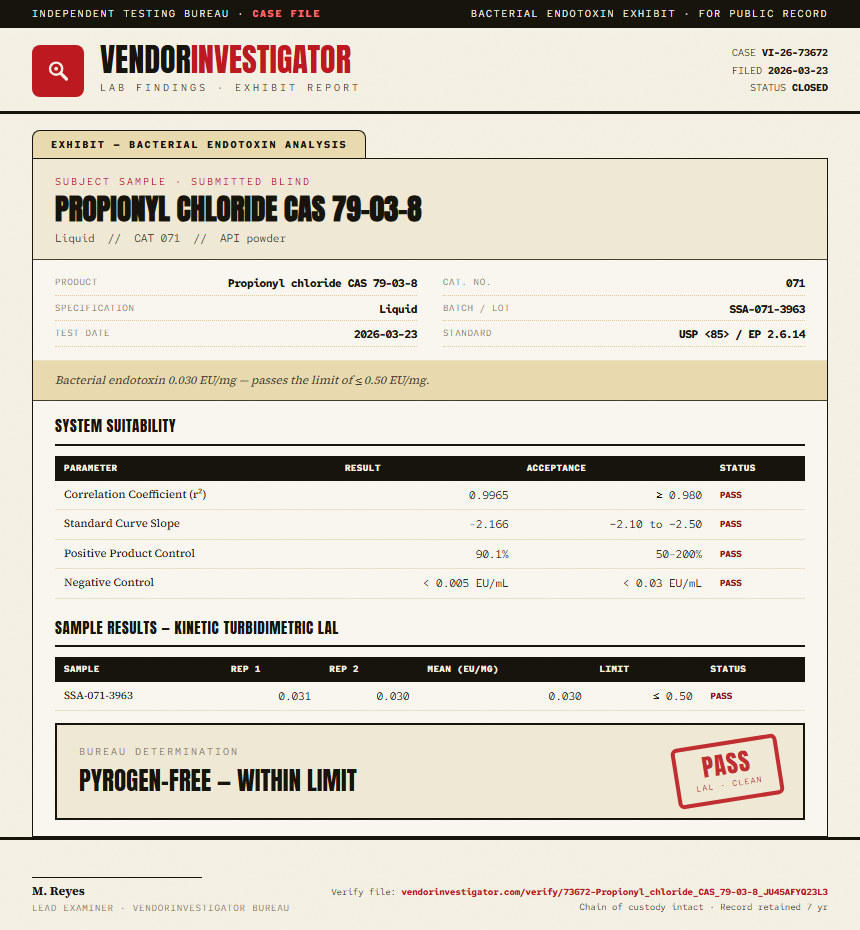 Propionyl chloride CAS 79-03-8 Endotoxin report by VendorInvestigator
