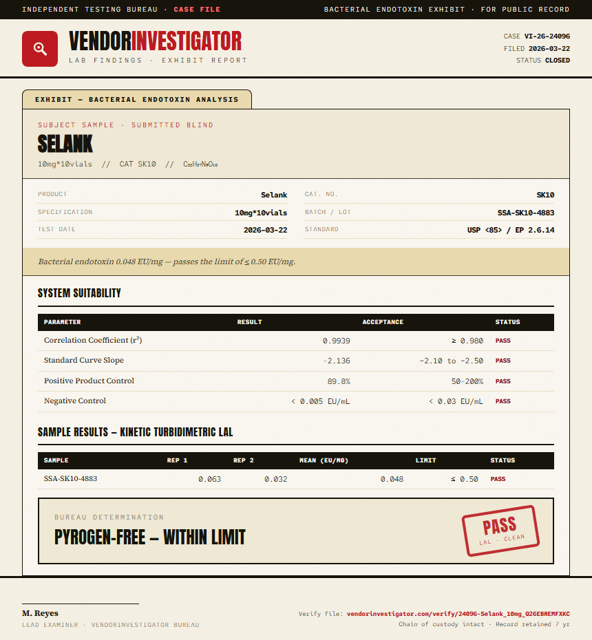Selank Endotoxin report by VendorInvestigator