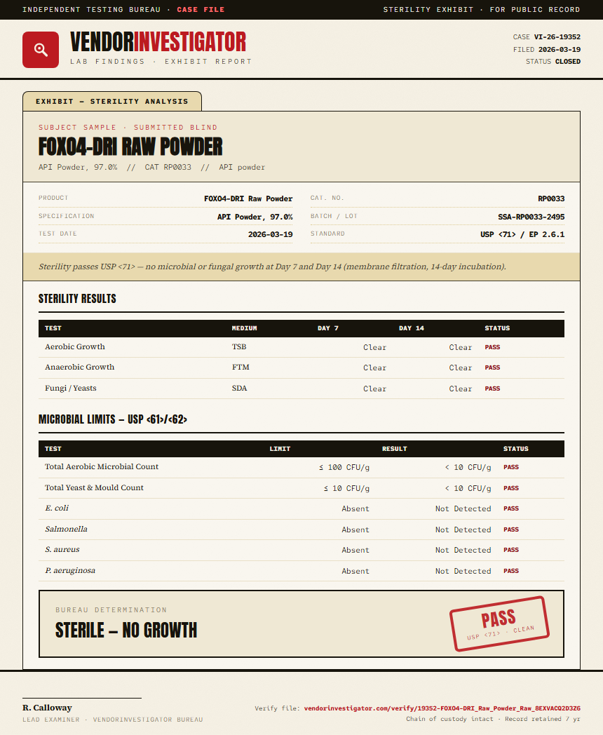 FOXO4-DRI Raw Powder Sterility report by VendorInvestigator