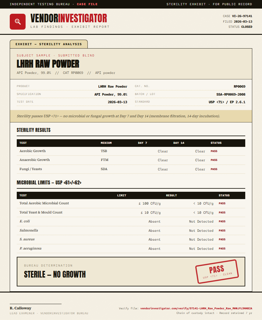 LHRH Raw Powder Sterility report by VendorInvestigator